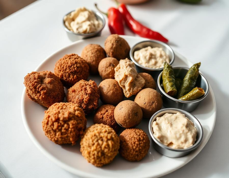 Prato árabe com quibe, falafel, homus e charutinhos