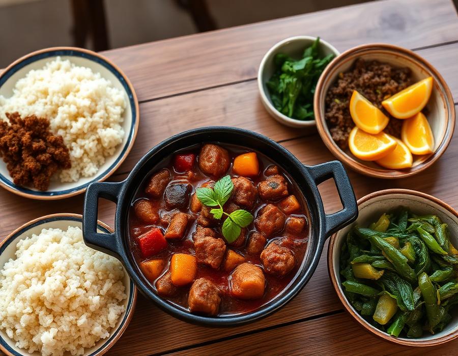 Feijoada servida em panela de barro com os acompanhamentos