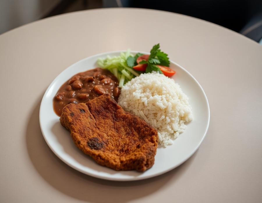 Prato de comida caseira com arroz, feijão, bife e salada