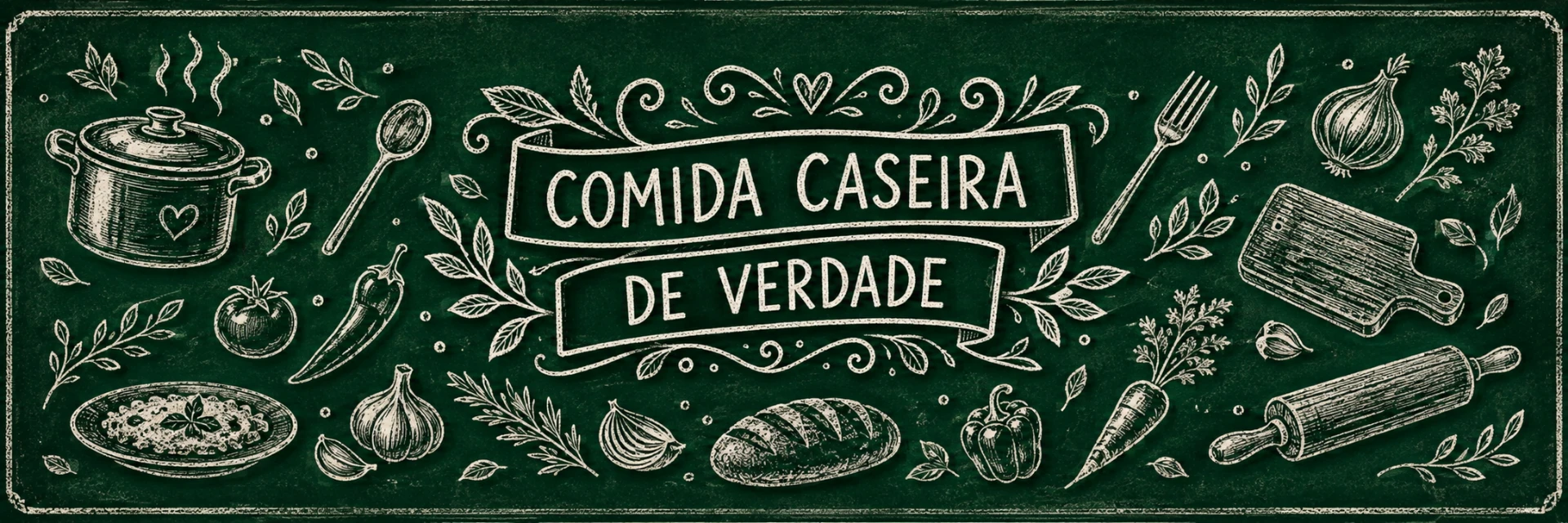 Lousa expandida em giz: Comida caseira de verdade, com panela, talheres, legumes e utensílios de cozinha