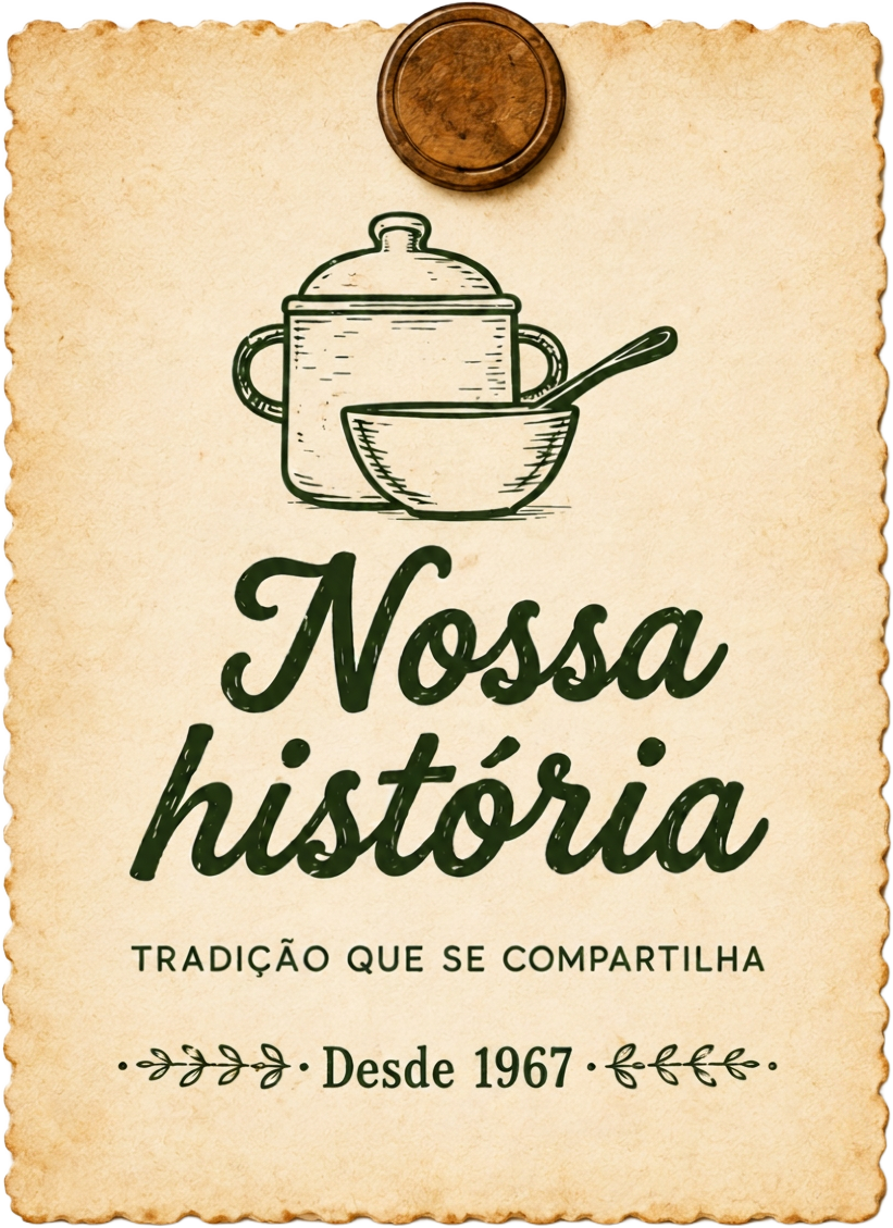 Cartão artesanal Nossa história: tradição que se compartilha desde 1967, com panela e colher desenhadas em woodcut